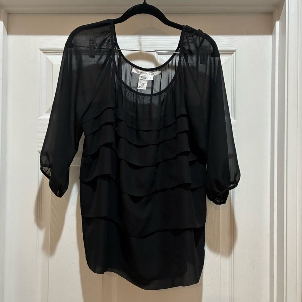 Max Studio Women’s Black Sheer Ruffled 3/4 Sleeve Blouse Top Large Goth Witchy